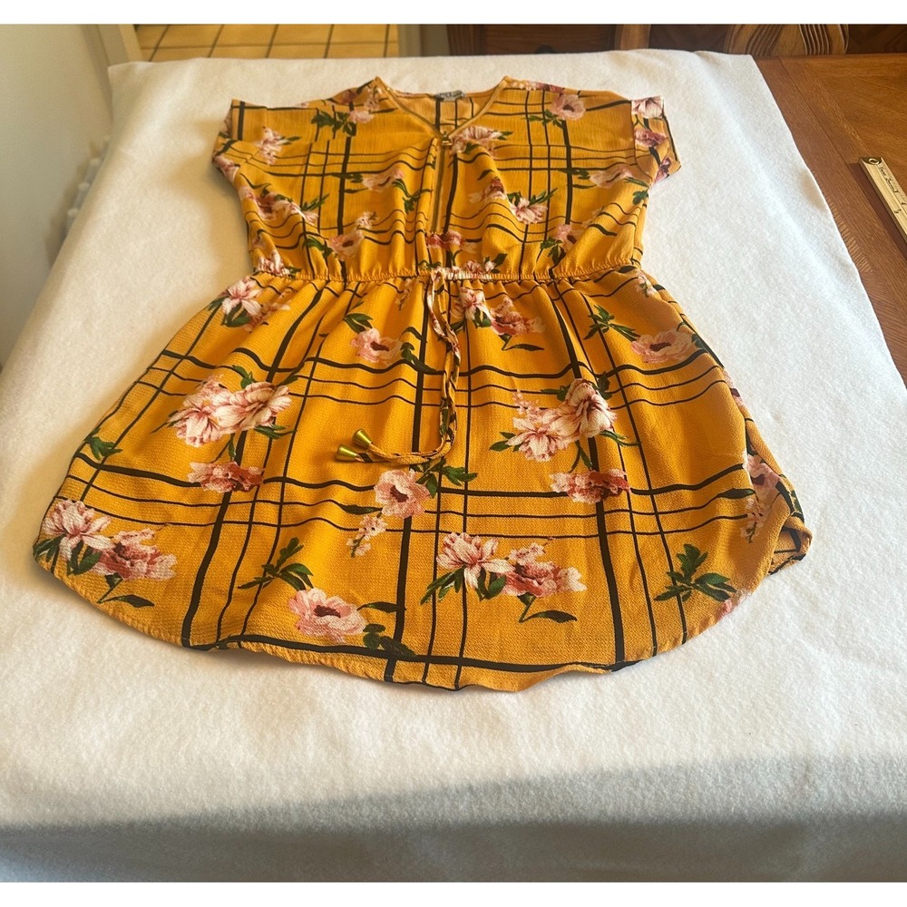 J for Justify Women Mini Dress Large Yellow Floral Grid Drawstring Waist Summer